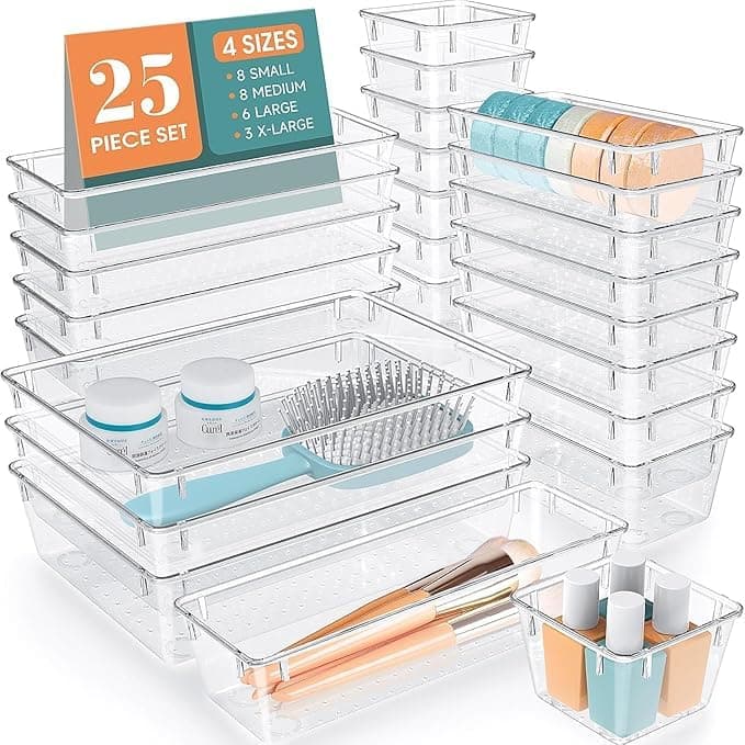 LIJIE Storage Bins Plastic Drawer Organizer Trays 25Piece Set Bathroom Vanity Storage Bins for Makeup Kitchen Office Bed Room Drawer Tray