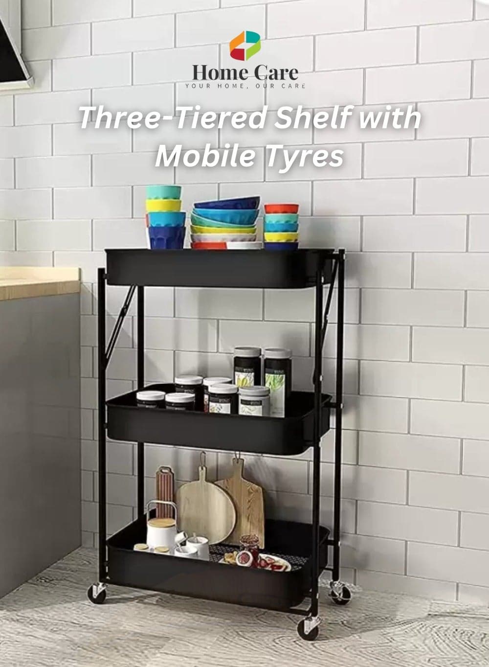 Home Care Tiered Cart Shelf – Collapsible Rolling Cart for Multi-Use Organization, Portable Design, Mobile Storage Rack for Kitchen, Bath, Mesh Tray Rack with Wheels | Standing Shelf Units