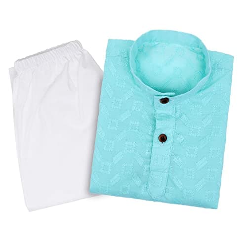 superminis Baby Boys Ethnic Wear Colored Cotton Chikankari Kurta, Round Collar, Full Sleeves With White Pyjama (Sea Green, 12-18 Months)