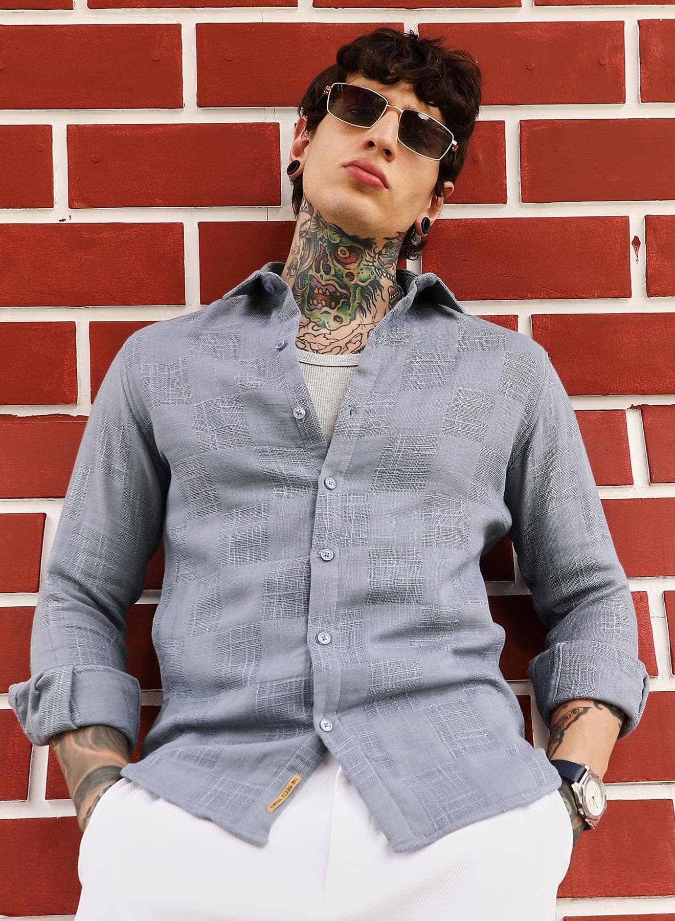 Men's Coin Grey Self-Jacquard Check Shirt