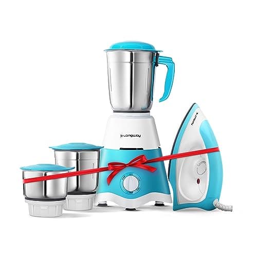 Longway Super Dlx Mixer Grinder with Kwid 1100W Dry Iron | Up to 700 Watt Powerful Motor | 3 Jars for Grinding, Mixing, Juicing | 2 Year Warranty (Blue & White, Combo Offer)
