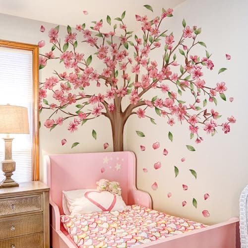 Large Cherry Blossom Wall Decals Pink Flower Tree Wall Stickers for Girls Kids Bedroom Nursery Living Room TV Wall Decor H 45 Inch