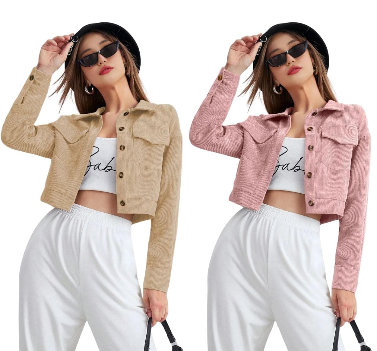 SMOWKLY Women’s Cotton Blend Cropped Jacket with Two Pockets| Casual Button Down Shirt | Stylish Lightweight Outerwear for Women’s | Long Sleeve Jacket for Regular Wear(1684-CRM-XXL/1684-PCH-XXL)