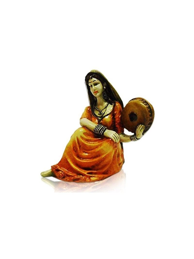 Karigaari India Handcrafted Polyresine Lady Playing Dafli Idol Sculpture | Showpiece for Home Décor and Office