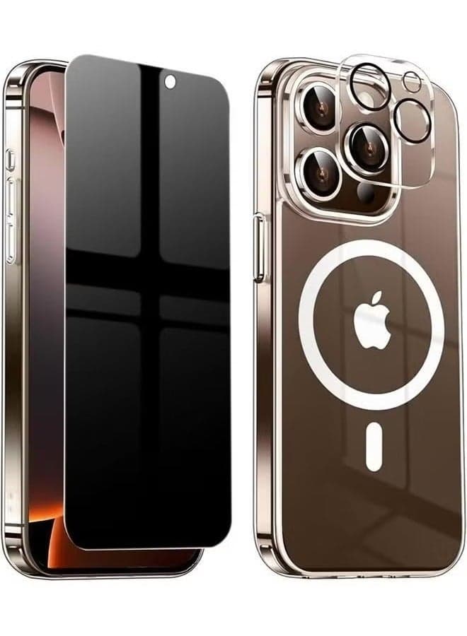 Magnetic Clear Privacy Case for iPhone 16 Pro Max with Built-in Screen and Camera Protector, Ultra Slim Shockproof Design, Hard PC Back, TPU Bumper, and Wireless Charging Compatibility for Full Protection