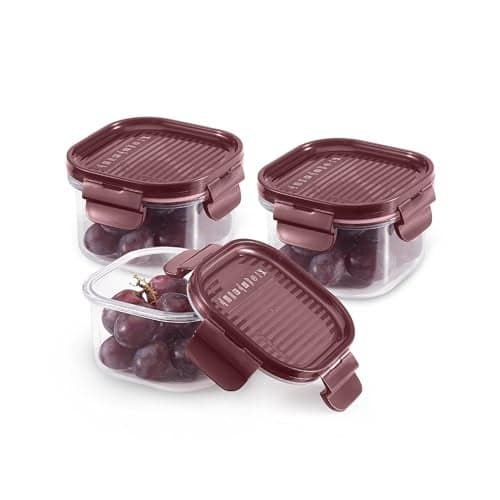 CELLO Modulock Square Kitchen Storage Containers Set of 3, (3 x 260 ml), Burgundy | Food Grade, BPA Free, Air Tight Clip Lock, Stackable | Multipurpose Plastic Storage Container Sets For Home Kitchen