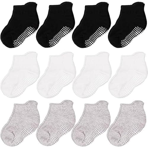 CozyWay Baby & Toddler Socks with Grippers Non Slip Ankle Grip Socks For Boys and Girls - Comfy Soft Cotton 6-12 Months Black White Gray 12 Pack
