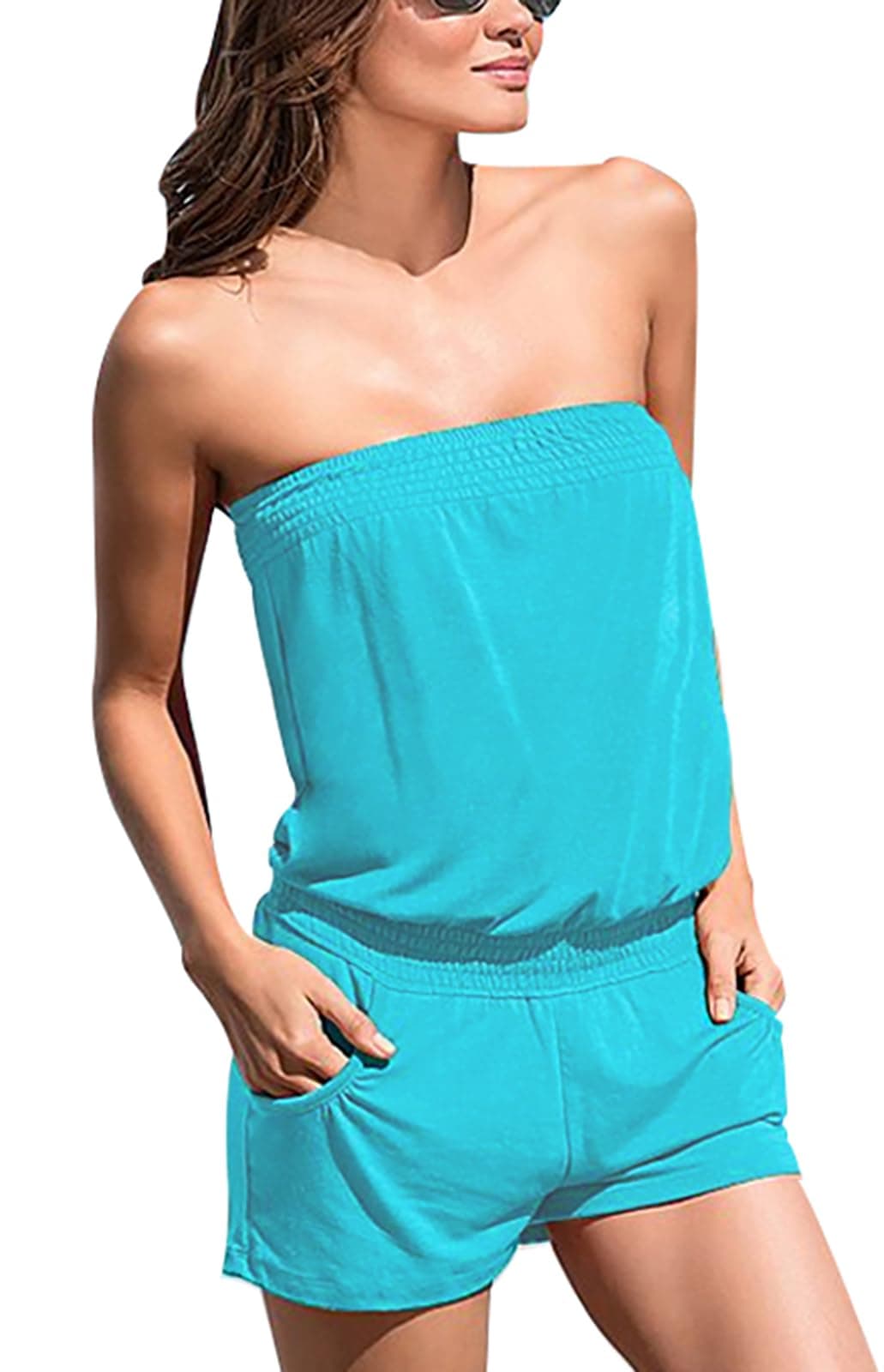 Women Off Shoulder Strapless Romper Comfy Beach Shorts Jumpsuit Cyan Small