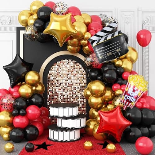 Movie Night Balloon Garland Arch Kit Red Black Gold Balloons with Camera Star Foil Popcorn Flim Clapperboard Balloons for Birthdays Anniversaries Movie Theater Film Party Decorations