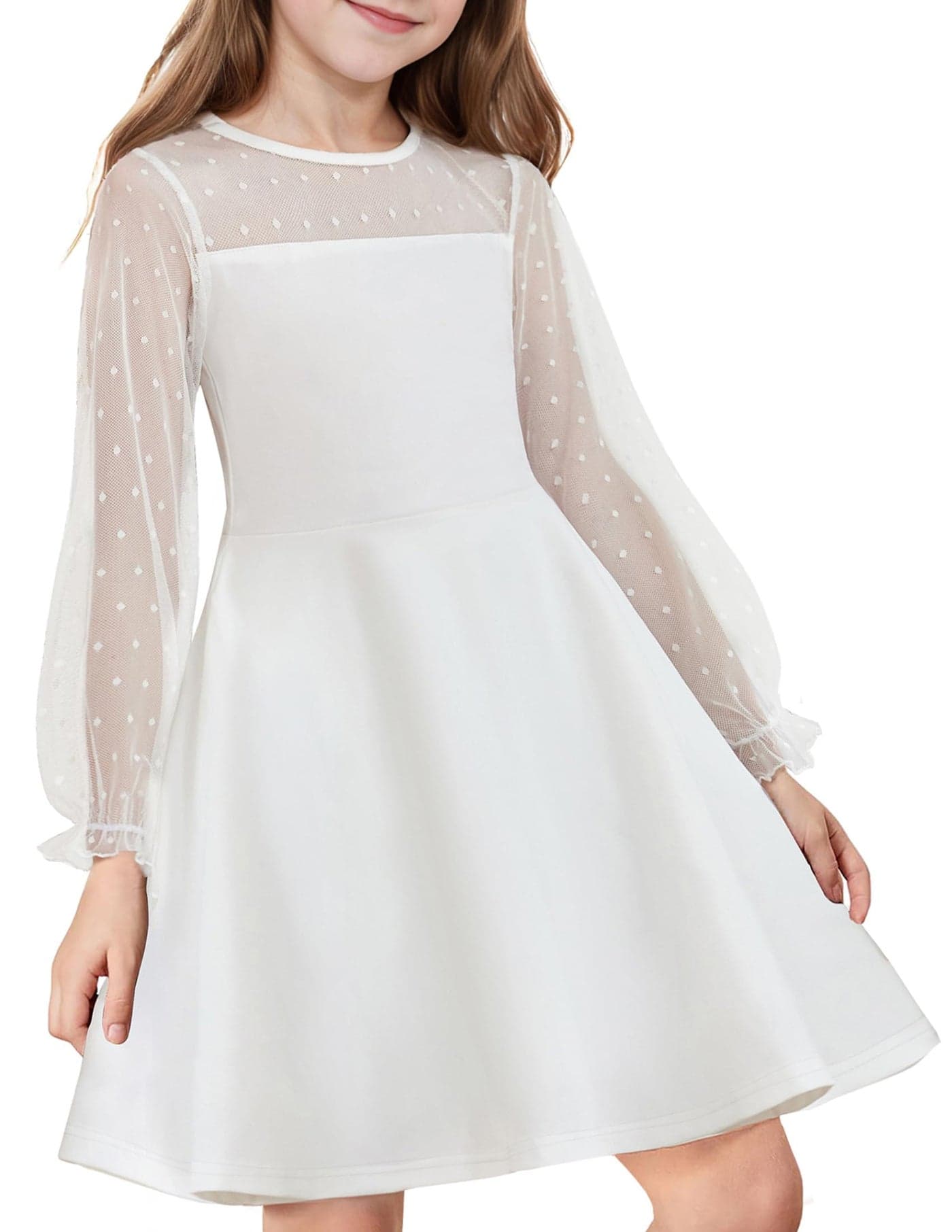Flypigs Kids Polka Dots Mesh Puff Long Sleeve White Wedding Guest Flower Girl Dress with Pockets for 5-6 Years