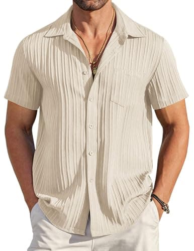 COOFANDY Mens Casual Shirts Short Sleeve Button Down Shirts Fashion Casual Linen Shirts for Men Beige