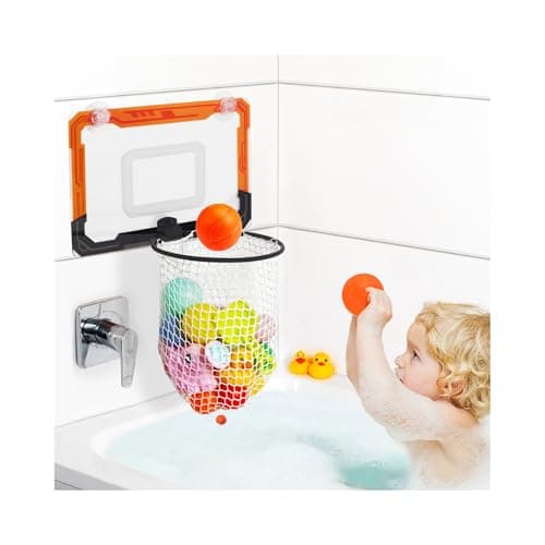 QPJ Baby Bath Toy Storage Organizer, Large Opening Mesh Bathtub Toy Storage for Tub, Bath Toy Holder for Quick Release of Toys for Bathroom, Basketball Hoop Design with Fun Bonus