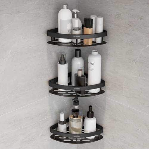 Plantex Self Adhesive Corner Shelf for Bathroom Wall/Aluminium & Stainless Steel Corner Shelf/Storage Organizer/Bathroom Accessories Set- Pack of 3 (8 x 8 inch, Black)