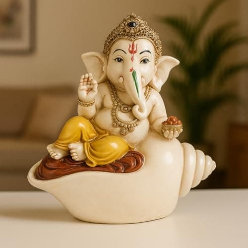 HEENA HOME DECOR Lord Ganesh Idol 13 x 12 cm | Colourful Polyresin Statue of Ganesh Sitting on Shell | Handcrafted Decorative Figurine for Pooja Mandir, Home Temple, Showcase & Gifting