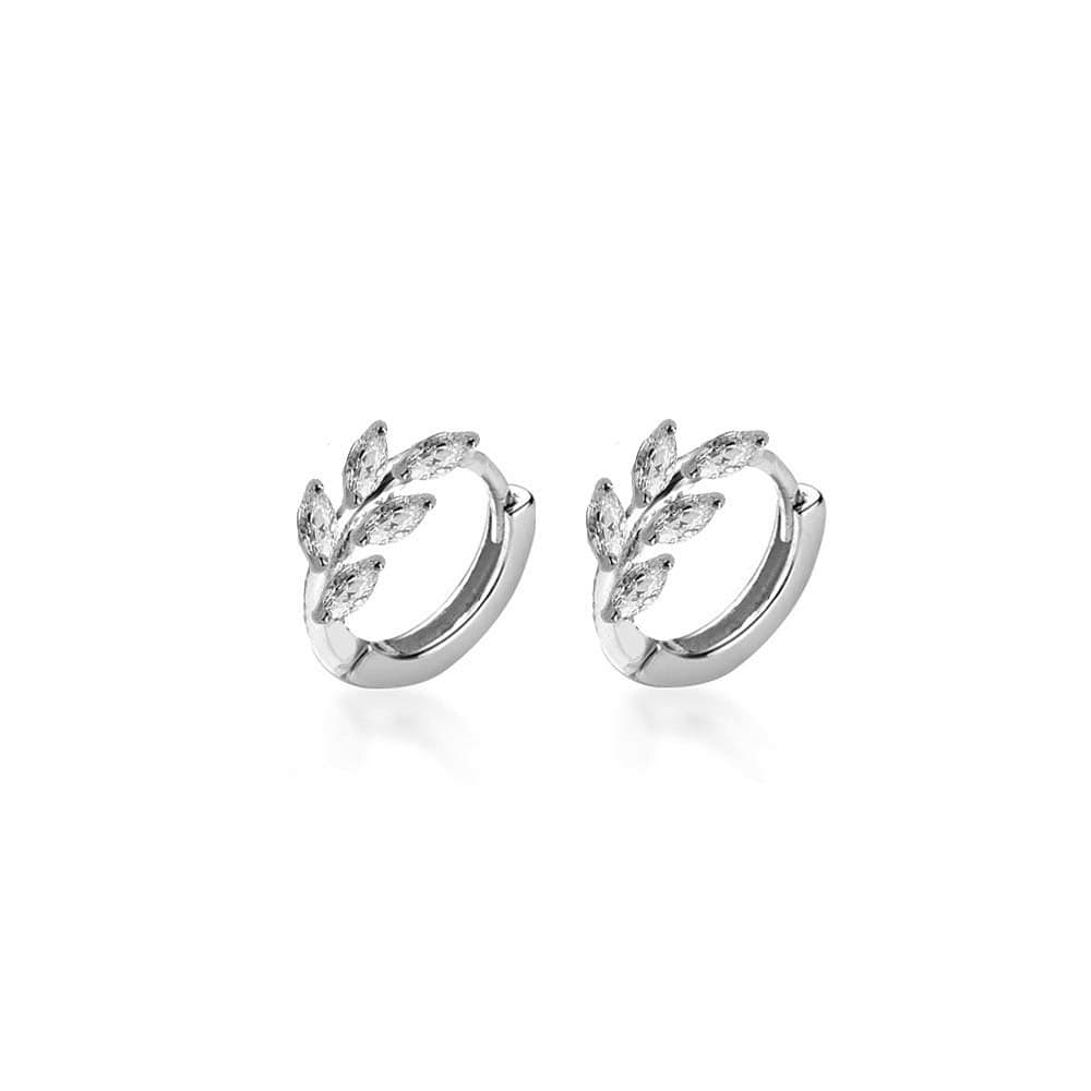 CZ Leaf Cartilage Huggie Small Hoop Earrings for Women Girls 925 Sterling Silver Cubic Zirconia Cluster Leaves Round Studs Tragus Pierced Ear Endless Hoops 8mm Dainty Gifts (Silvery)