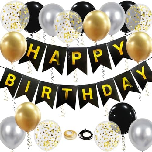Happy Birthday Banner Black Gold Birthday Decoration 16 Pcs 12in Balloons with 2 Ribbons for Men Women Girls and Boys Party Decoration