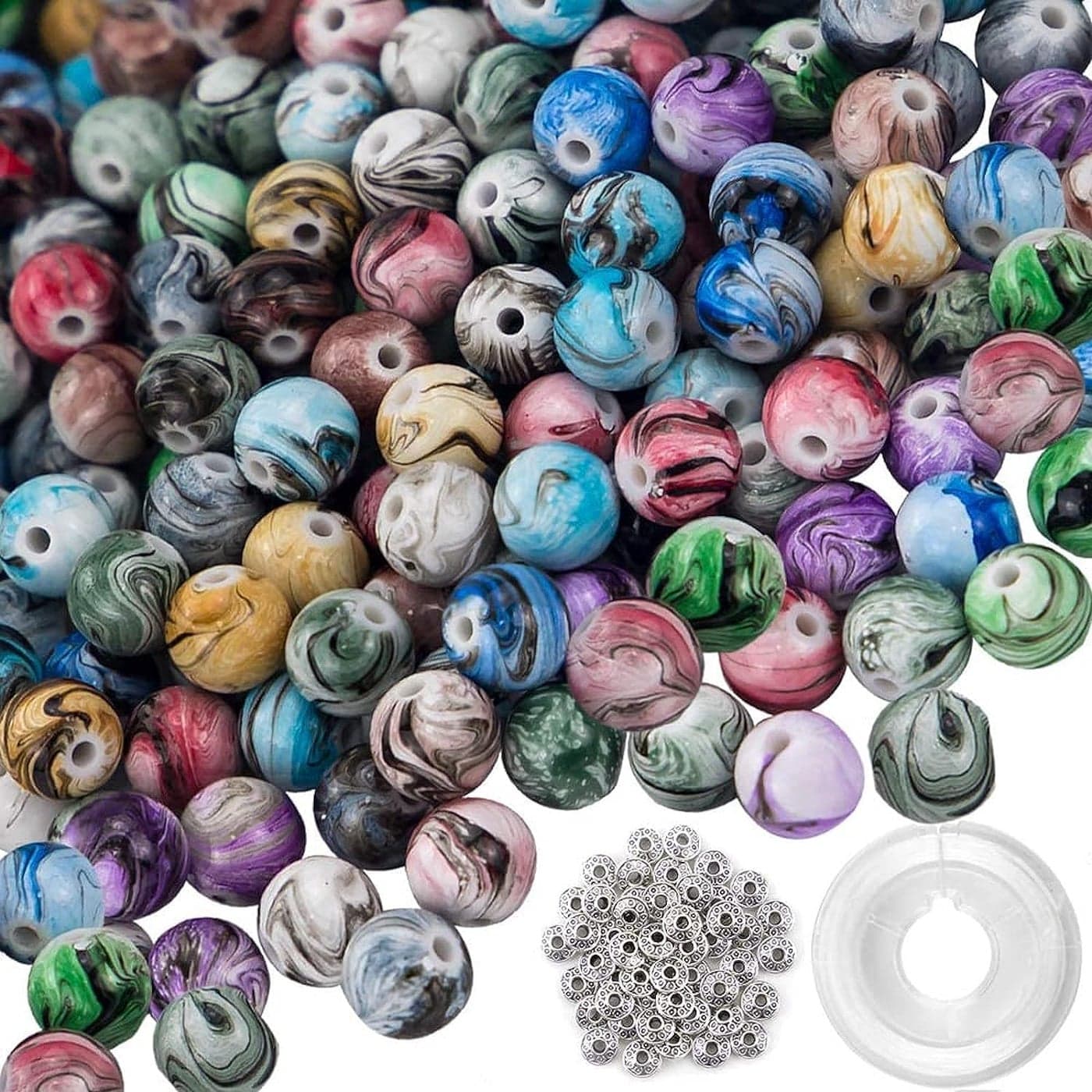 DIY Crafts 130, Beads for Bracelets Making,Space Acrylic Beads in Ink Patterns with Spacer Beads and Crystal String for Craft Jewelry Making Garland Holiday Party Bracelet Anklet (130)