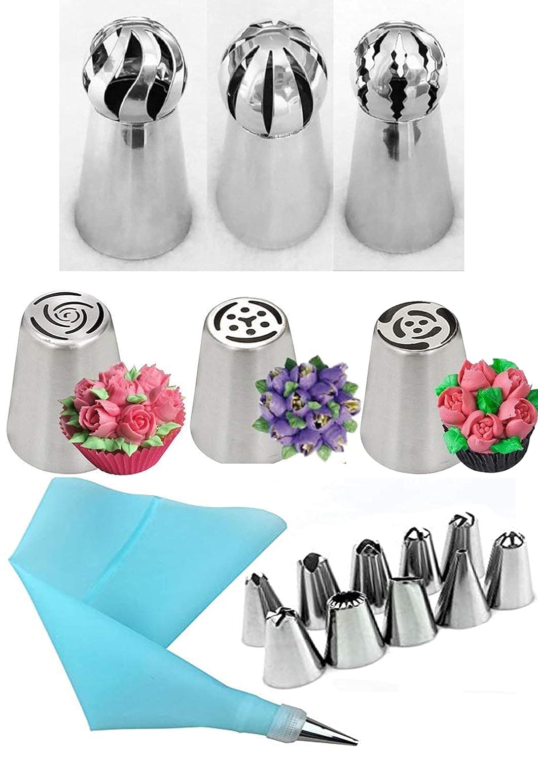 SB ANJALI SHALU BHAI 18 Pieces Russian Tulip Icing Piping Nozzles Cake Decoration Tips Cooking One Coupler 1 Silicone Piping Bag