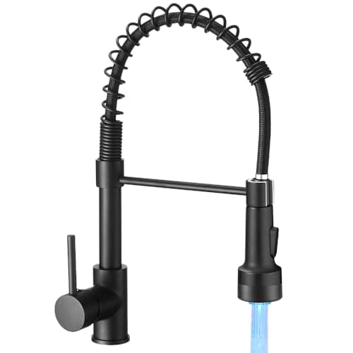 OWOFAN Kitchen Faucet with Sprayer Single Handle Pull Down Sprayer Spring Matte Black Kitchen Sink Faucet with LED Light 9005R