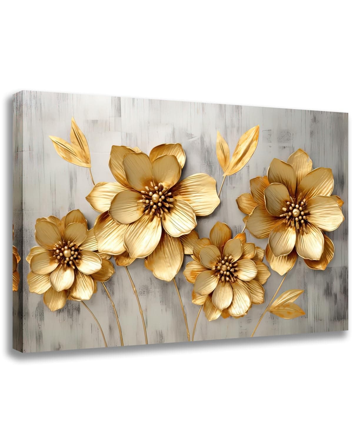 GLOKAKA Gold Metallic Flowers Print Wall Art Elegant Floral Flower Canvas on Grey Background Painting Picture Artwork for Living Room Bedroom Bathroom Decor (Gold Metallic Flowers, 18"x12")