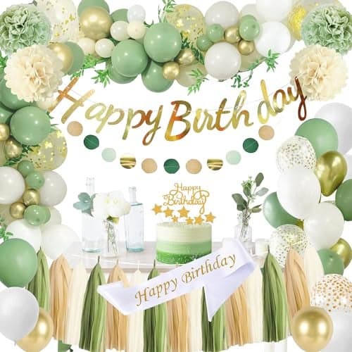Upgraded Sage Green Birthday Party Decorations for Girls Women with Happy birthday SashBannerTissue PompomsCircle Dots GarlandPaper Tassels Garland cake topper for Her Birthday Decor sage green