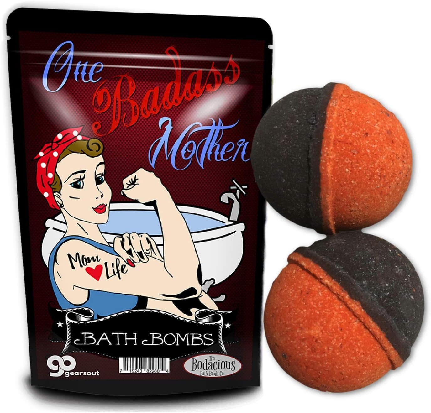 One Badass Mother Bath Bombs Vintage Rosie Strong Mom Design Funny Bath Bombs for Moms XL Bath Fizzers Black and Red Handcrafted in The USA 2 Count