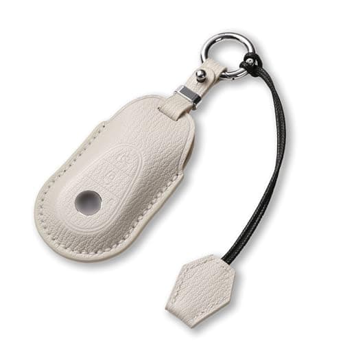 Jayanes Genuine Leather Key Fob Cover Compatible with Mercedes Benz C300 E S GLC CLE SL EQS EQE, Key Case with Keychain & Lanyard for Mercedes Benz Key Fob (3 Buttons, White)