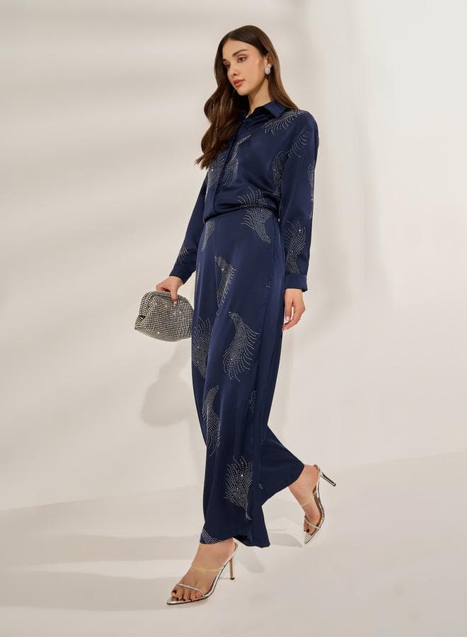 Navy Blue Embellished Wide Leg Trousers