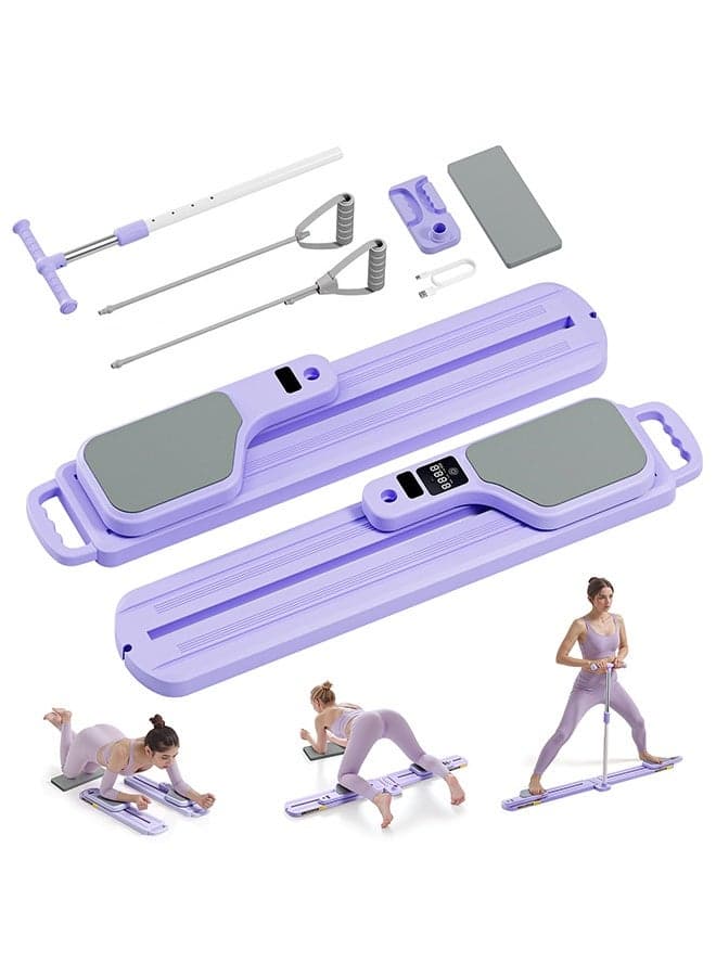 Multifunctional Pilates Reformer Machine - Home Pilates Board with Smart Display (Reps/Calories/Timer) & Resistance Bands, Complete Women's Fitness Studio Set, Purple