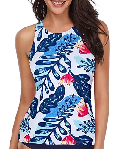 Holipick High Neck Tankini Top Bathing Suit Tops for Women Tummy Control Tank Tops Swimsuits White Blue Floral M