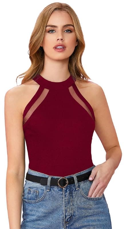 Impression Fab® Women's Sleeveless Mesh Insert Halter Crop Top, Fitted Style with High Neck top for Women Stylish Western | Crop top for Woman