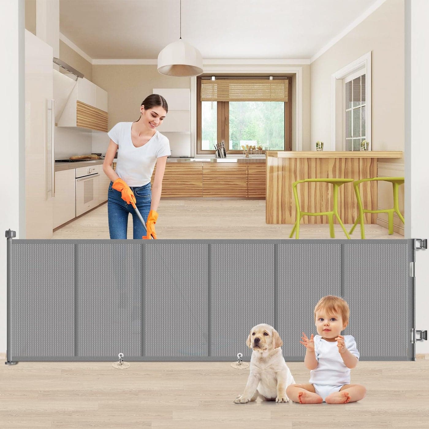 Upgrade 120 inch Retractable Baby Gates EZIGO Extra Wide Baby Gate for Large Opening Extra Long Mesh Gate for Kids or Pet Dog Gate Child Safety Gate for Stairs Hallways Doorway Indoor Outdoor Gray