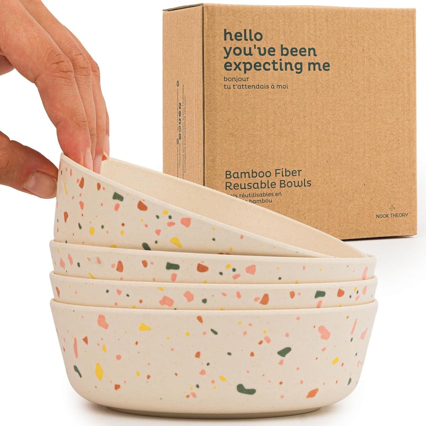 Nook Theory 4 Pack Bamboo Bowls 18 Oz Reusable Toddler and Kids Bowl Dishwasher Safe Not Microwavable Bamboo Dishes Celebration