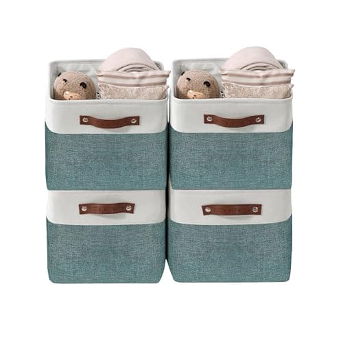 DECOMOMO Storage Baskets for Shelves - Fabric Storage Bins, Linen Closet Organizers and Storage (Green & White, Large - 4 Pack)