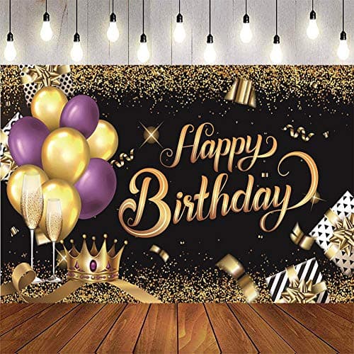 Happy birthday background banner black purple gold balloon poly crown logo poster photo booth background 70.8 x 45.2 inches for men and women, boys, men, girls, ladies birthday party decoration