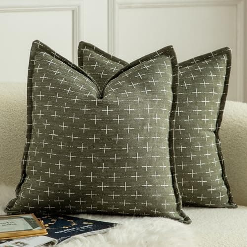 MANDIOO Pack of 2 Burlap Linen Throw Pillow Covers Woven Textured Modern Farmhouse Cushion Covers Pillowcase Decorative Couch Sofa Bed Living Room 20 x 20 Inch Olive Green