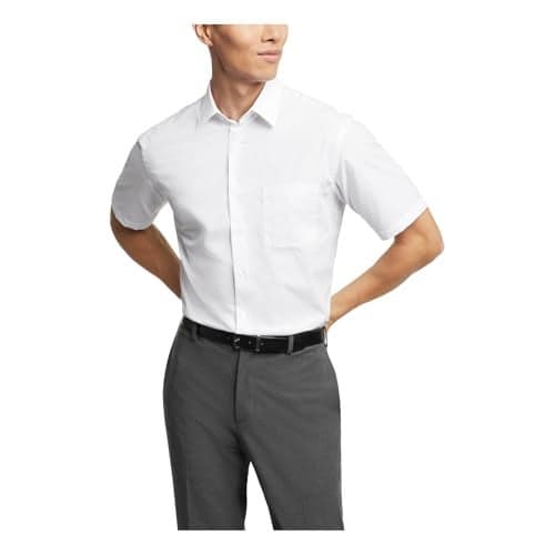 Van Heusen Men's Short Sleeve Dress Shirt Regular Fit Poplin Solid, White, 18" Neck
