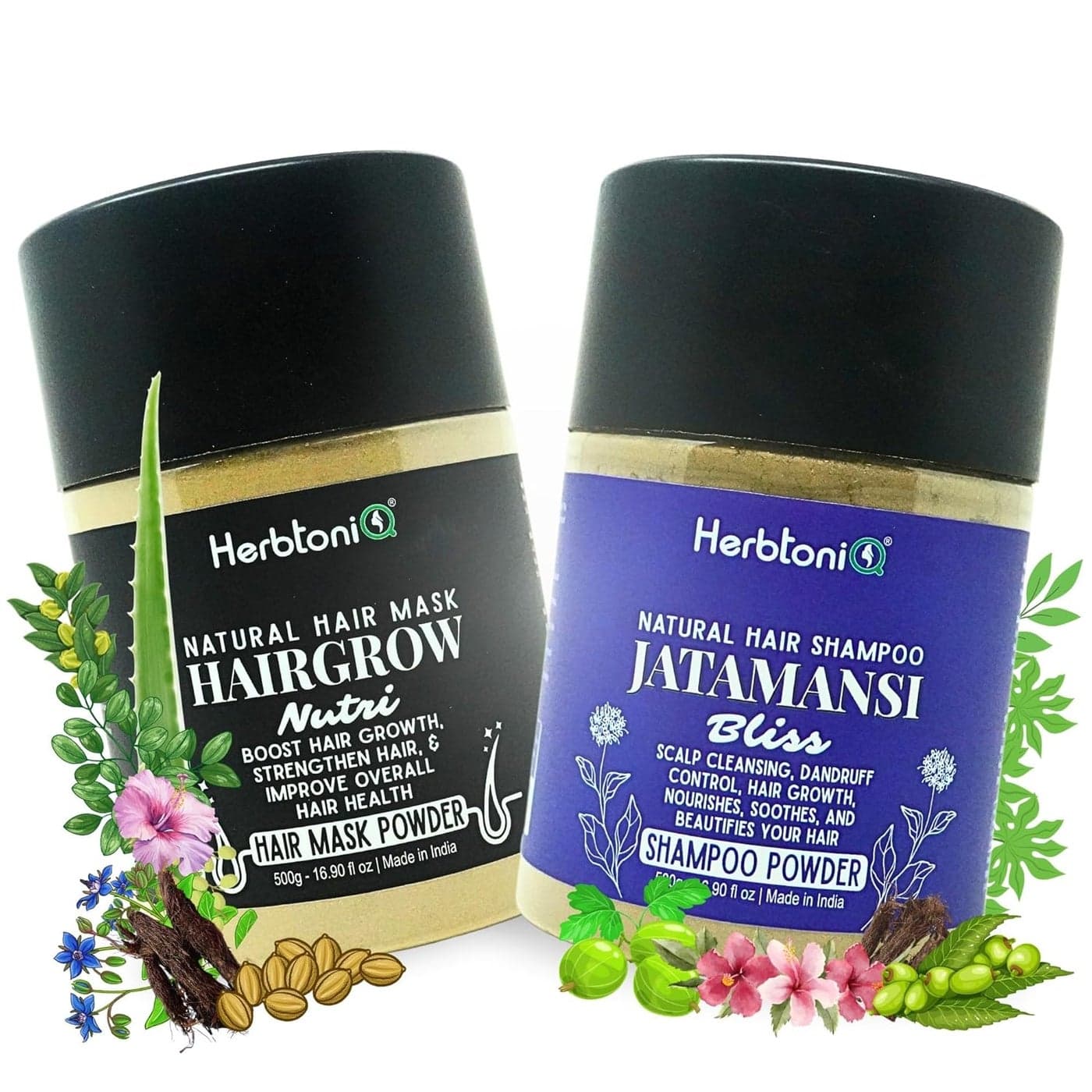 HerbtoniQ Natural HairGrow Mask and Jatamansi Bliss Shampoo Powder Combo Set Luxurious Hair Growth Strength Dandruff Control and Scalp Nourishment for Men and Women 500g Each