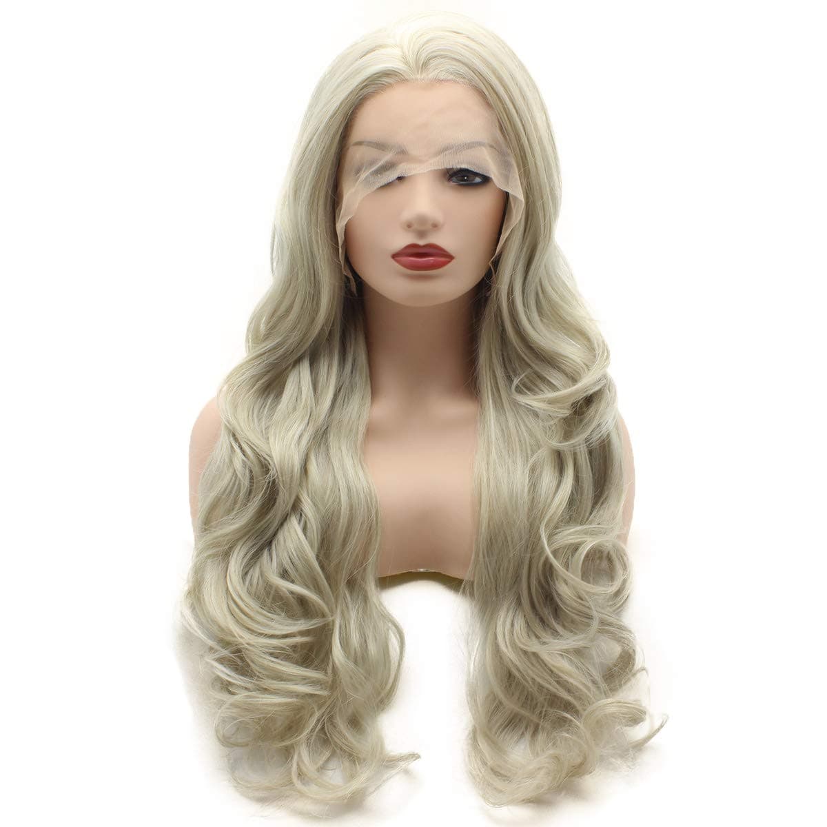 Meiyite Hair Wavy Long 26inch Two Tone White Blonde Mix Heat Resistant Heavy Density Realistic Synthetic Lace Front Wig