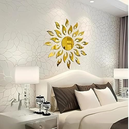 wallmarvel - 1.5 Feet Sun Golden Mirror Stickers for Wall – Large Acrylic Mirror Wall Decor Sticker, Self-Adhesive Wall Mirror Stickers for Hall Room (Gold, 45 cm)