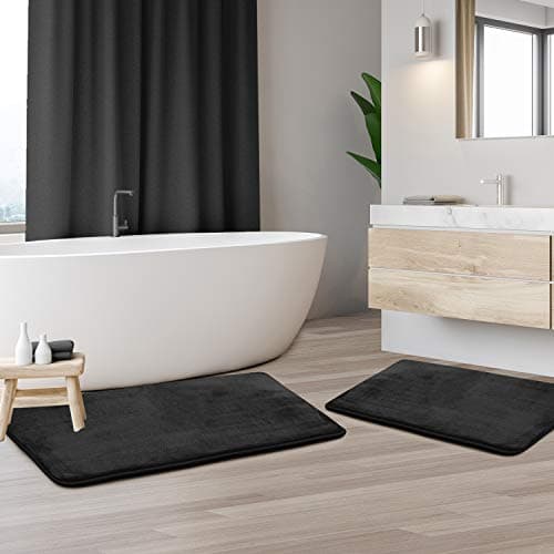 Clara Clark 2 Piece Bathroom Rug Set - Memory Foam, Bath Mat Set, Plush, Cozy, Ultra Soft, Non Slip, Machine Washable, Quick Dry - 24” x 17”+ 32” x 20” - Black