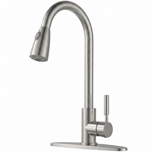 Comllen Kitchen Faucet with Pull Down Sprayer Modern Brushed Nickel Faucets for Kitchen Sink Stainless Steel Single Handle Pull Out Kitchen Sink Faucet with Deck Plate