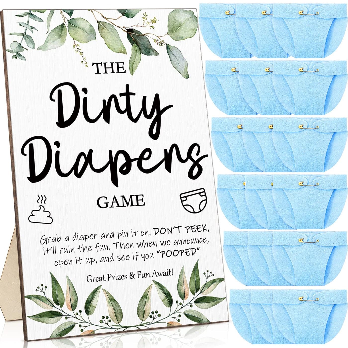 Roowest 51 Pcs Dirty Diaper Baby Shower Games Funny Wooden Sign with 50 Pcs Mini Diapers Cute Felt for Gender Reveal Party Baby ShowerGreenery Blue