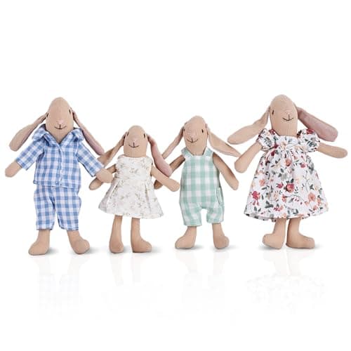 Giant bean Bunny Toys for Kids, Easter Bunny, 4 PCS Hand Made Rabbit Family Dolls with Removable Clothes, Suitable for Infants, Boys and Girls, Dollhouse People, Easter Basket Essentials