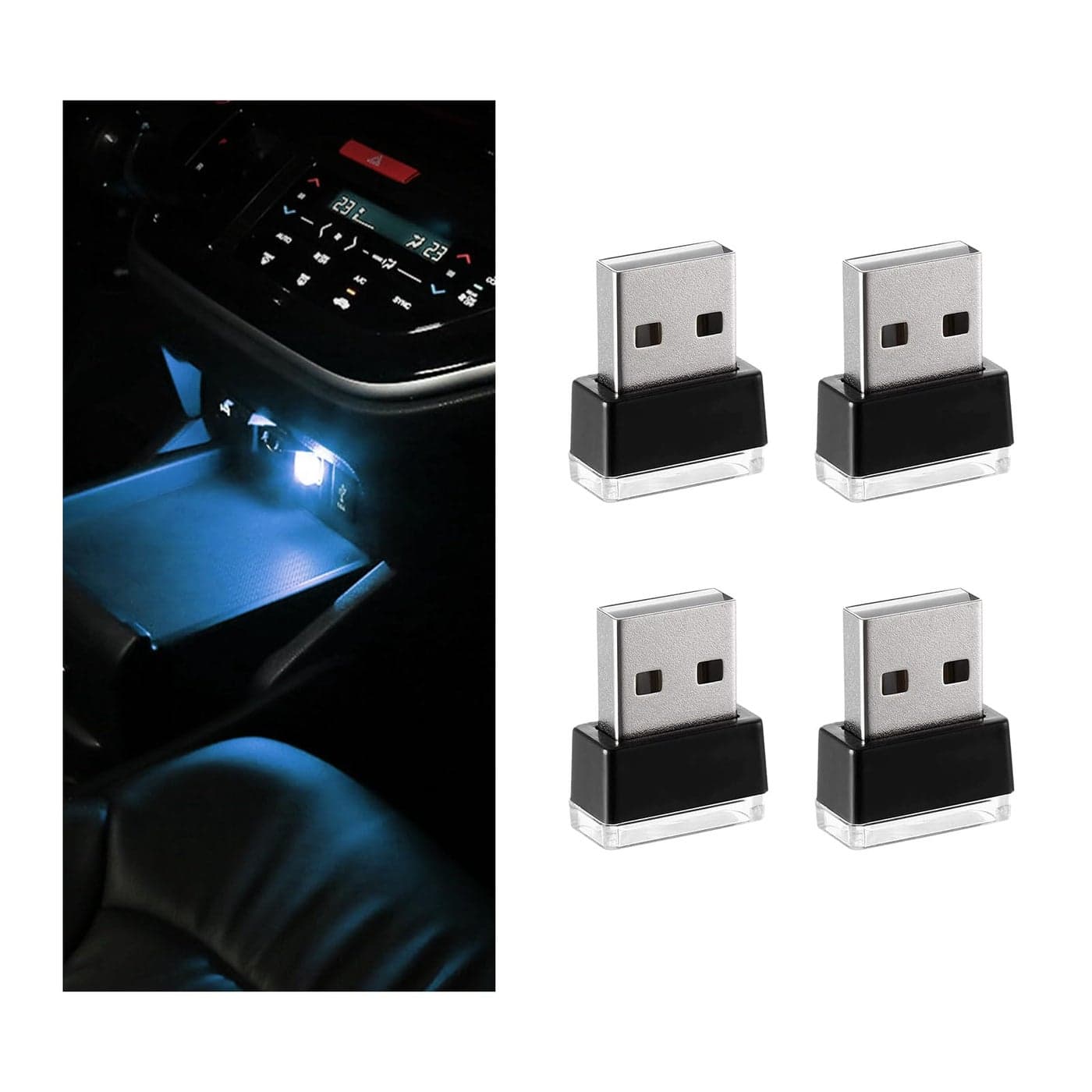 Sylvil 4 PCS USB LED Car Interior Atmosphere Lamp Portable Mini LED Night Light Plugin USB Interface Trunk Ambient Lighting Kit Universal Interior Car Accessories Ice Blue