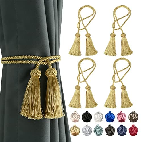 BEL AVENIR 4 Pack Curtain Handmade Tiebacks Decorative Curtain Holdbacks with Tassel (Gold, 4 Pack)