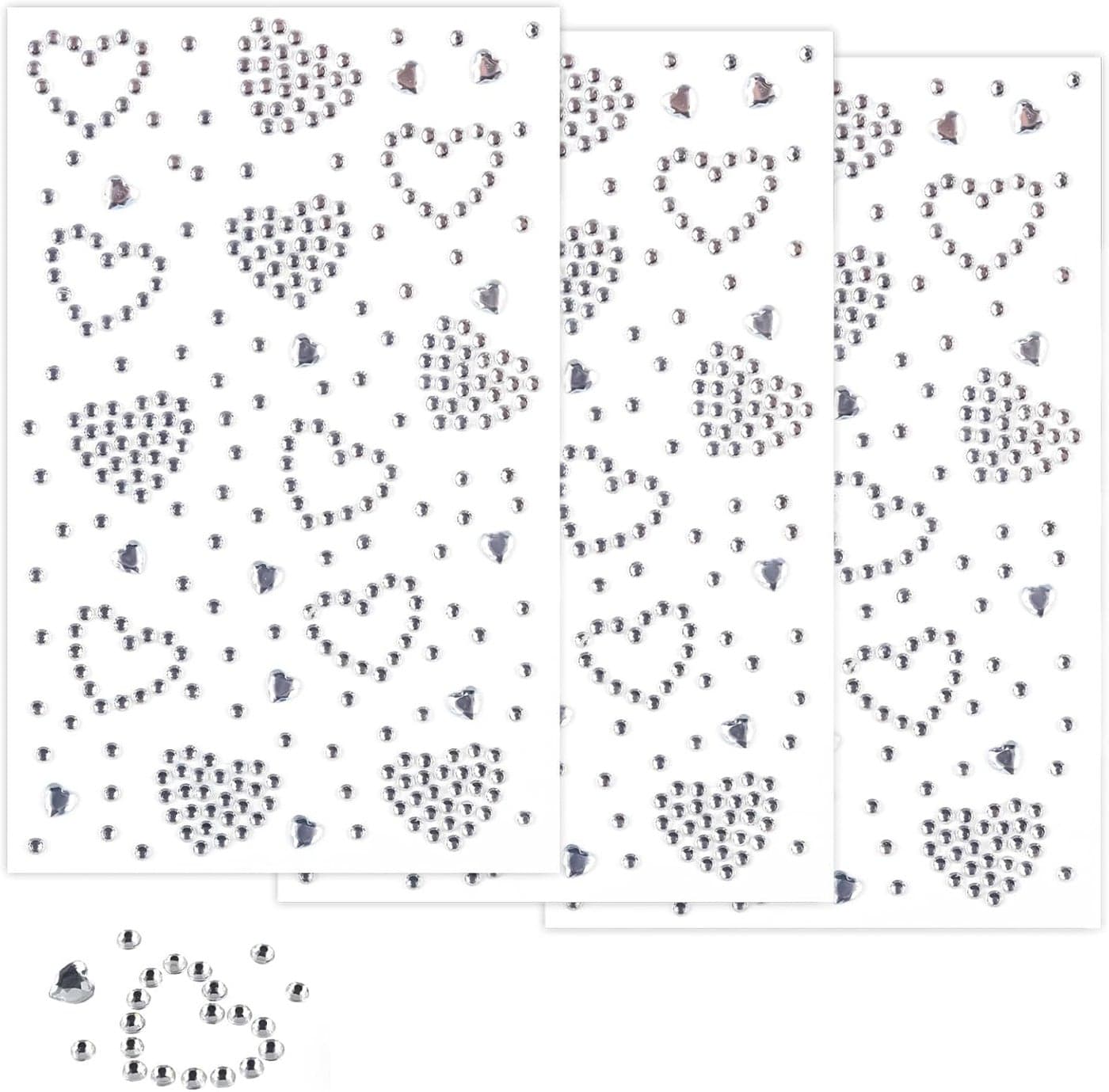 3Sheets Heart Gem Stickers Jewels for Crafts, Face Gems Self Adhesive Rhinestone Stickers for Face Eyes Makeup Hair Body Stick on, Rhinestones Stickers for Valentine Festival Decal Decor(White)