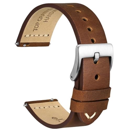 WOCCI 18mm Old-fashioned Watch Band for Men, Top Grain Leather, Silver Brushed Buckle (Caramel Brown)