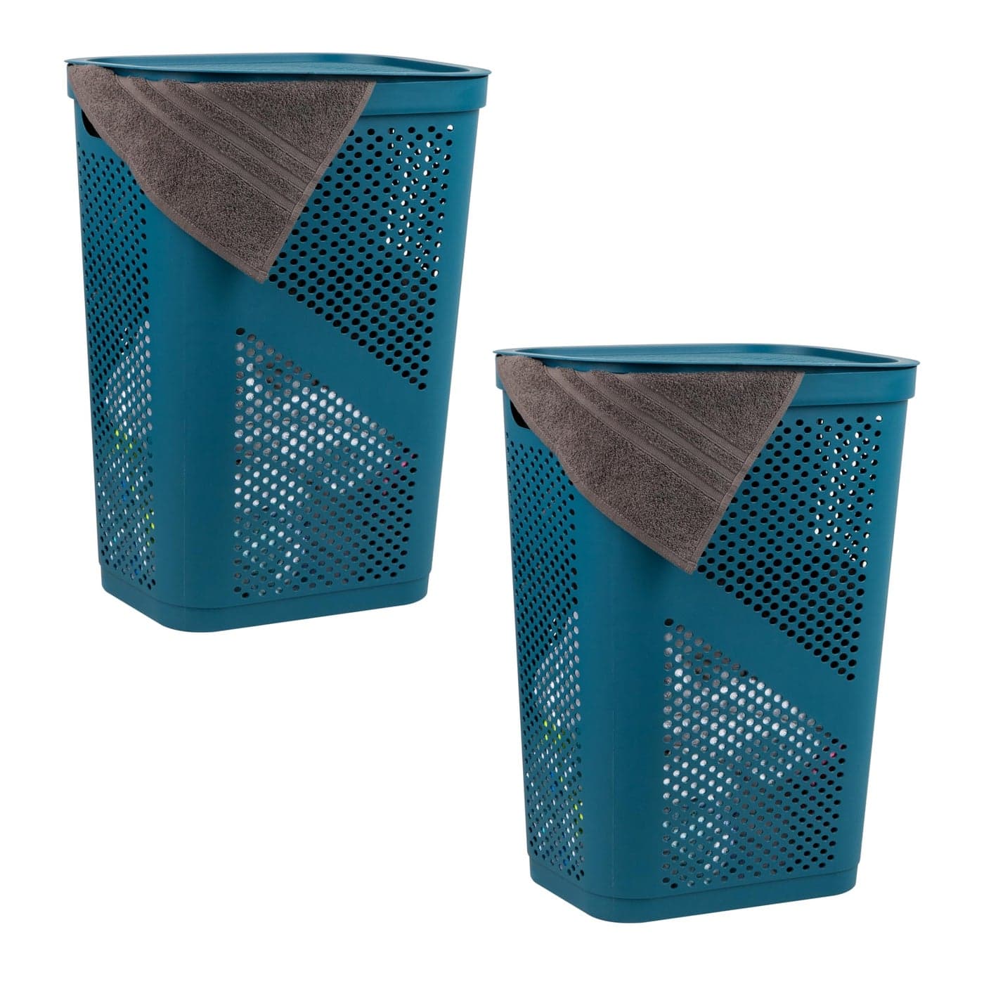 Mind Reader 60L Slim Laundry Hamper Clothes Basket Lid Ventilated Plastic Set of 2 Blue