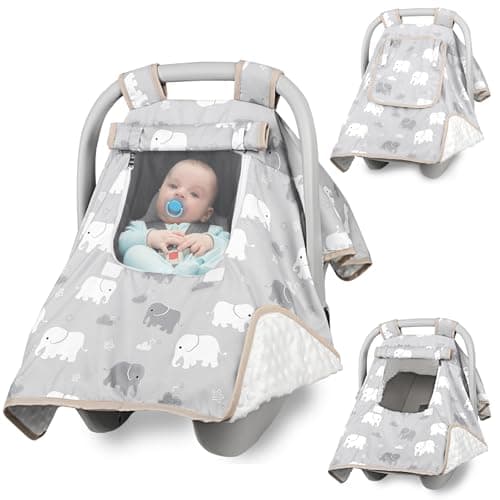Baby Carseat Seat Cover Boys Winter Carseat Canopy Cozy Warm Cover with Zipper Peep Windows Infant Minky Carrier Cover Soft Breathable Baby Must Have Grey Elephant